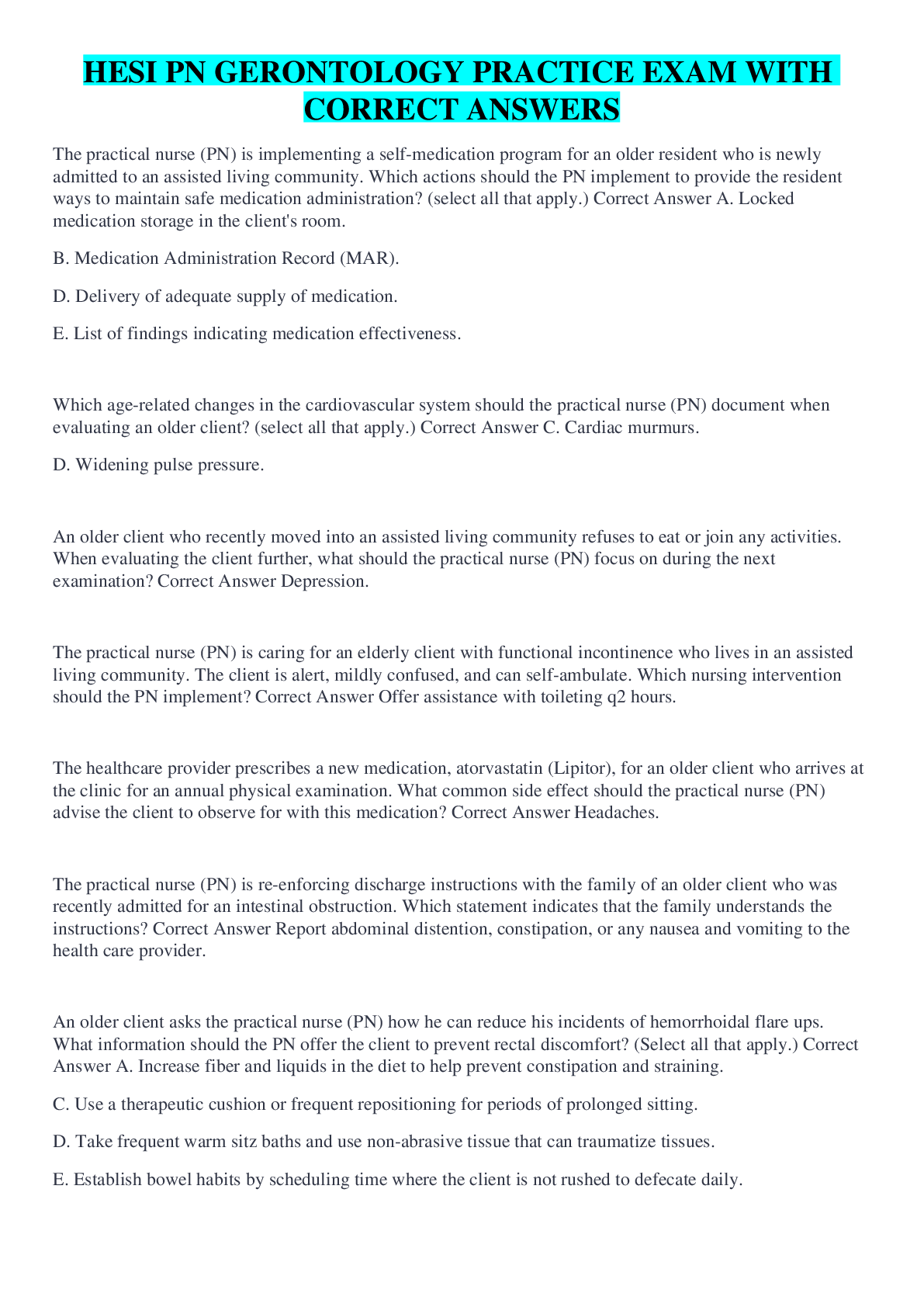 Preview image for HESI PN GERONTOLOGY PRACTICE EXAM WITH CORRECT ANSWERS